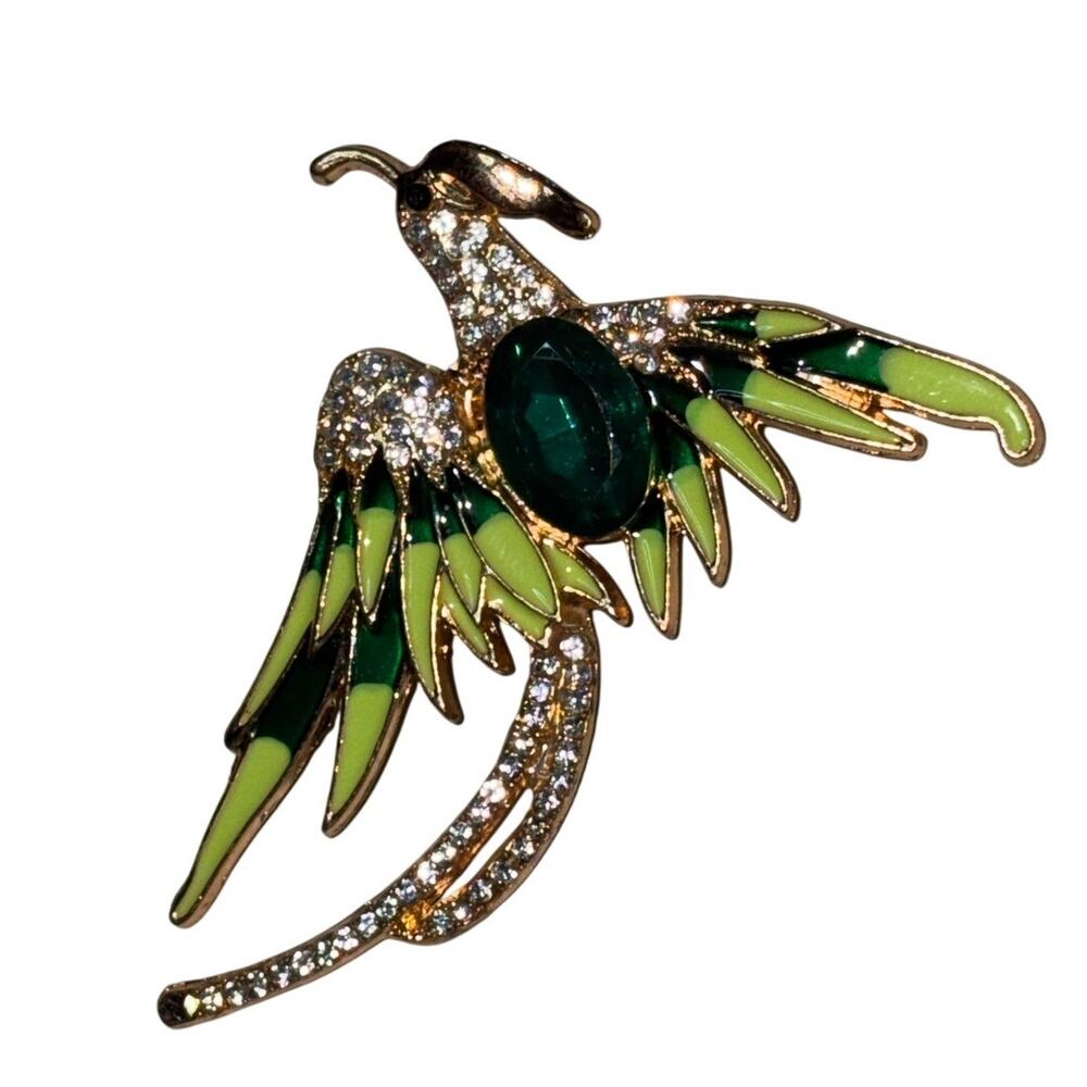 Gold Tone Art Deco Phoenix Brooch Vivid Green Center Stone Enamel Lapel Pin